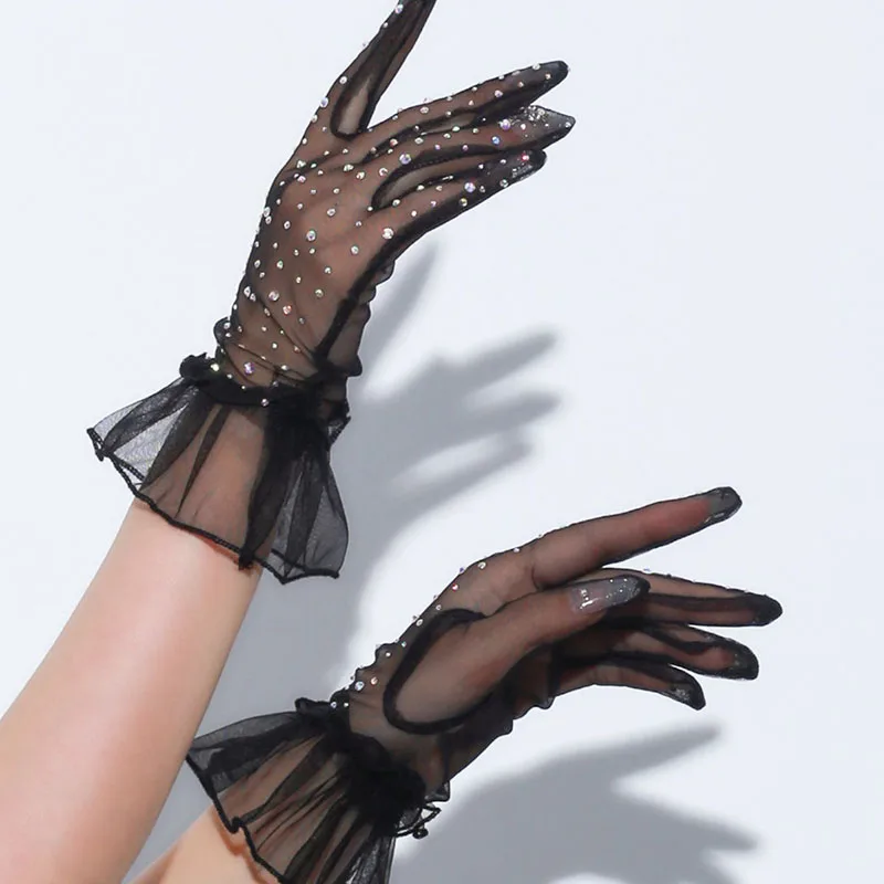 Thin Breathable Mesh Shiny Rhinestones Women Sexy Short Gloves Tulle Colorful Diamond Party Cosplay Photography Accessories
