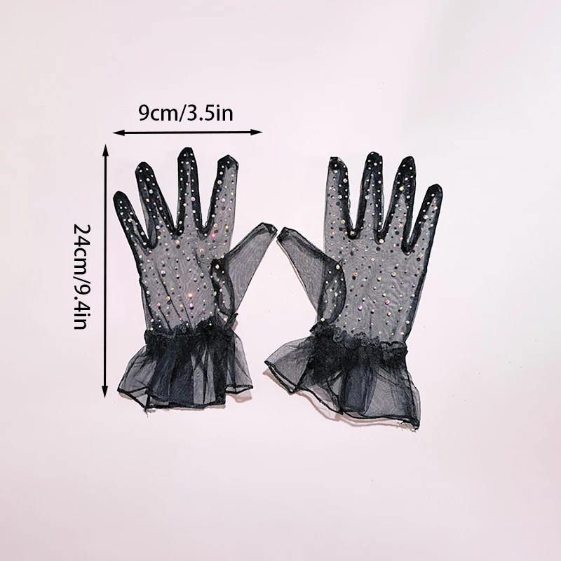 Thin Breathable Mesh Shiny Rhinestones Women Sexy Short Gloves Tulle Colorful Diamond Party Cosplay Photography Accessories