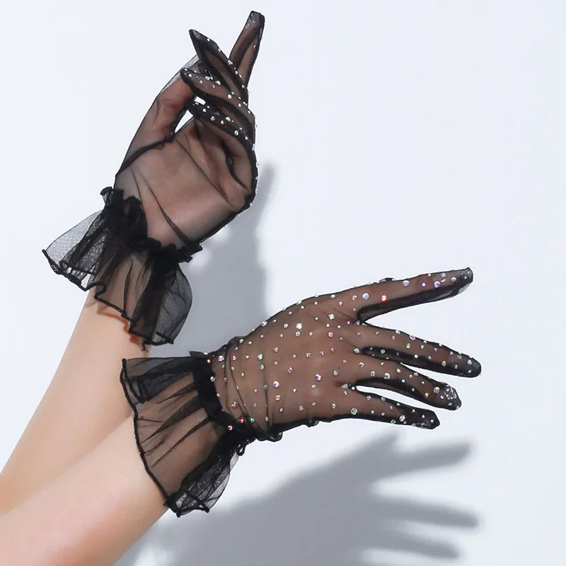 Thin Breathable Mesh Shiny Rhinestones Women Sexy Short Gloves Tulle Colorful Diamond Party Cosplay Photography Accessories