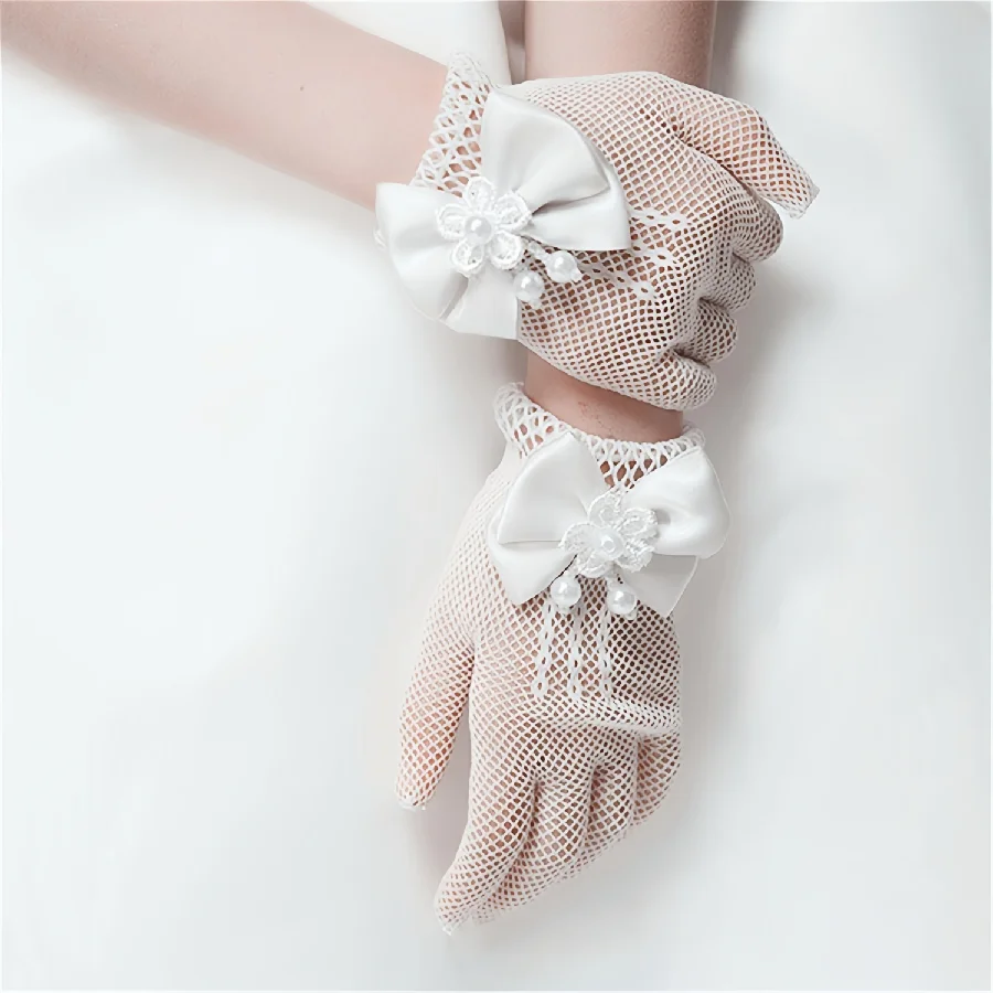 New Children's Mesh Bow Lace Pearl Fishing Net Gloves Children's Fashion Elegant High Elastic Short Gloves Party Gloves