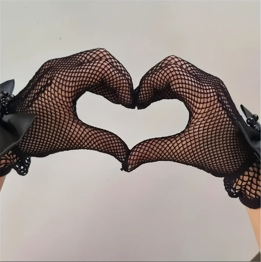 New Children's Mesh Bow Lace Pearl Fishing Net Gloves Children's Fashion Elegant High Elastic Short Gloves Party Gloves