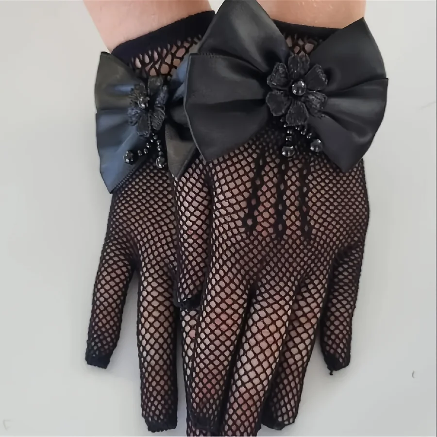 New Children's Mesh Bow Lace Pearl Fishing Net Gloves Children's Fashion Elegant High Elastic Short Gloves Party Gloves