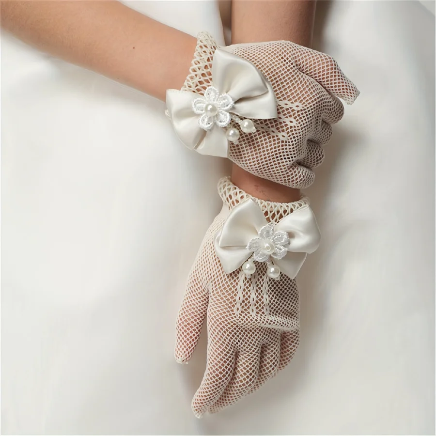 New Children's Mesh Bow Lace Pearl Fishing Net Gloves Children's Fashion Elegant High Elastic Short Gloves Party Gloves