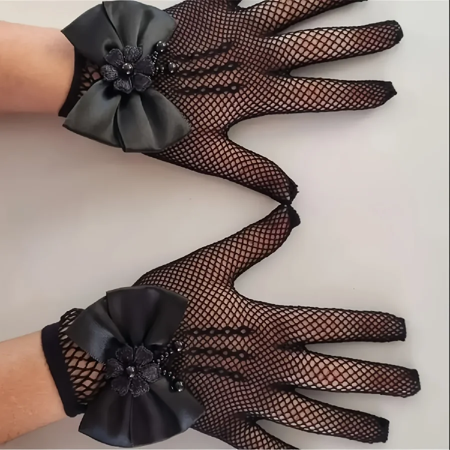 New Children's Mesh Bow Lace Pearl Fishing Net Gloves Children's Fashion Elegant High Elastic Short Gloves Party Gloves