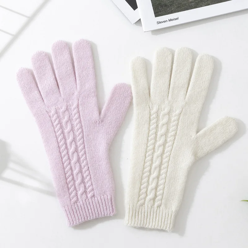Knitted 100% Cashmere Gloves Women Winter Warm Outdoor Accessories Cable Pattern