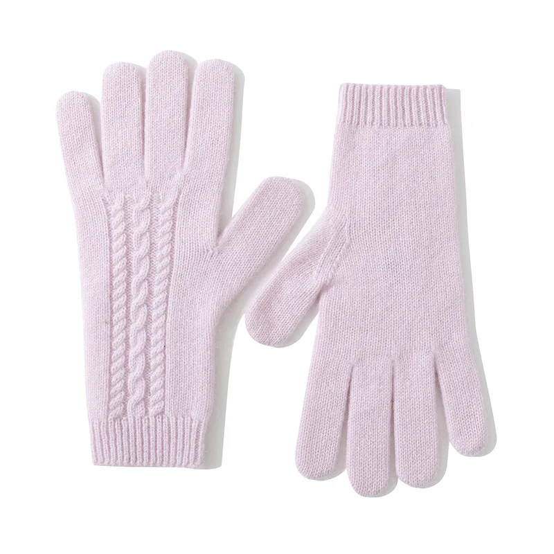 Knitted 100% Cashmere Gloves Women Winter Warm Outdoor Accessories Cable Pattern