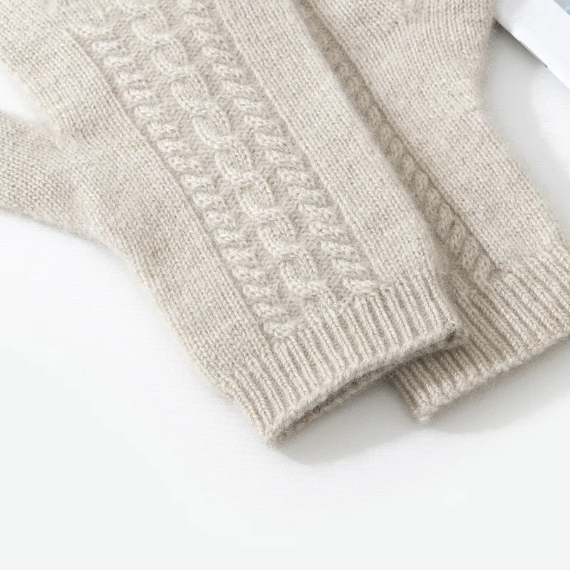 Knitted 100% Cashmere Gloves Women Winter Warm Outdoor Accessories Cable Pattern