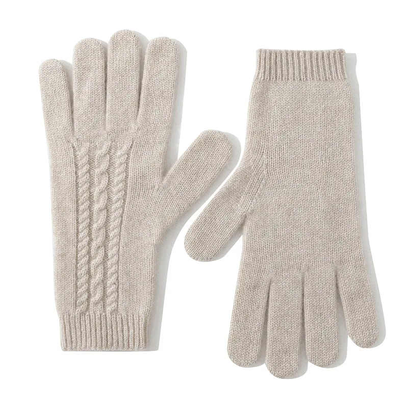Knitted 100% Cashmere Gloves Women Winter Warm Outdoor Accessories Cable Pattern