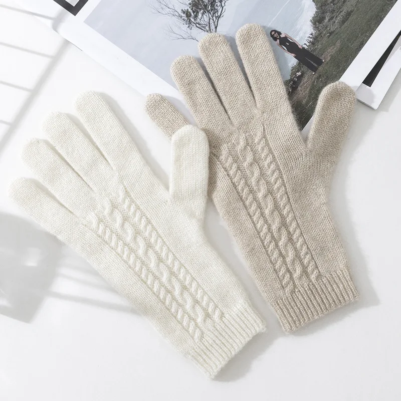 Knitted 100% Cashmere Gloves Women Winter Warm Outdoor Accessories Cable Pattern