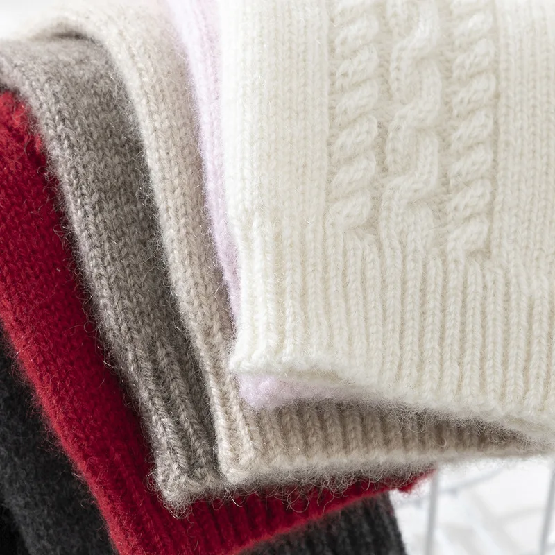 Knitted 100% Cashmere Gloves Women Winter Warm Outdoor Accessories Cable Pattern