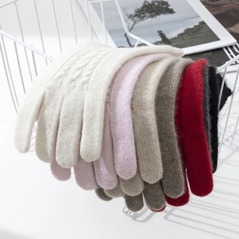 Knitted 100% Cashmere Gloves Women Winter Warm Outdoor Accessories Cable Pattern
