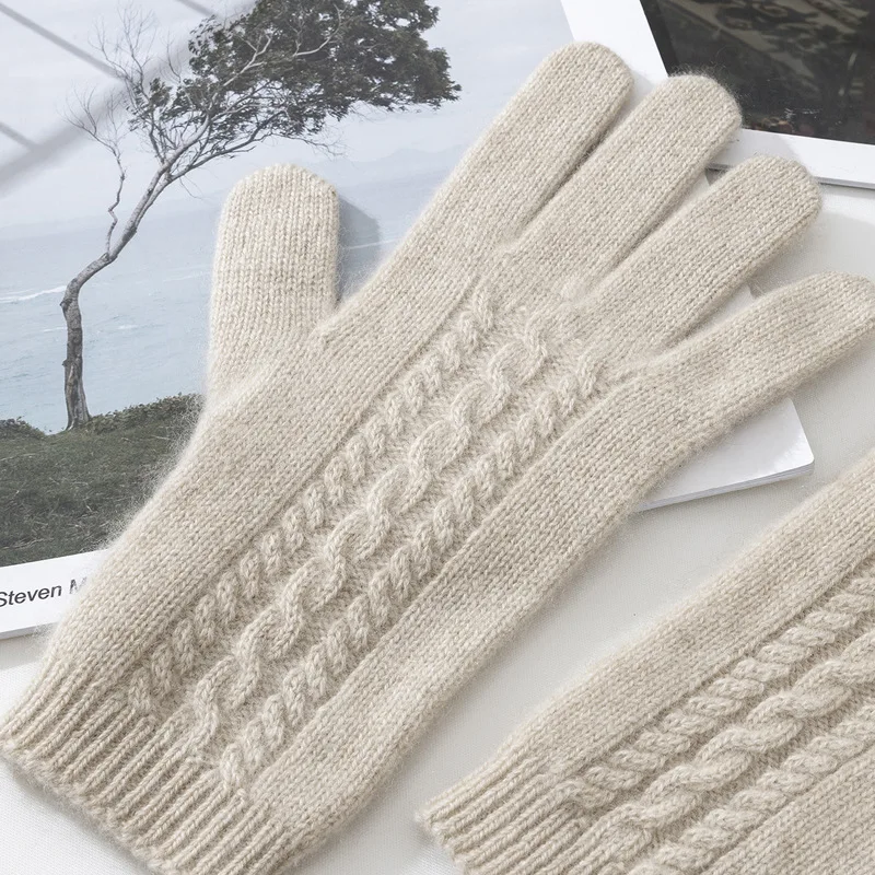 Knitted 100% Cashmere Gloves Women Winter Warm Outdoor Accessories Cable Pattern