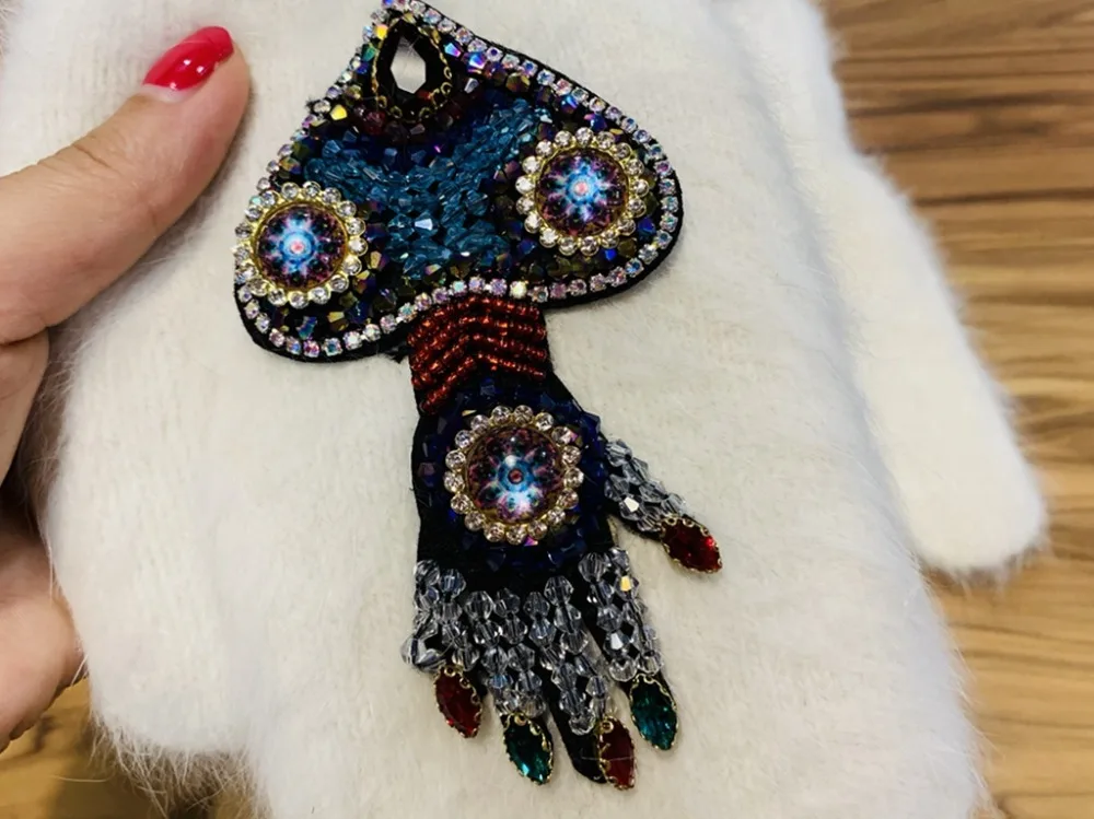 Women Gloves Winter Crystal Octopus Rabbit Fur female double Warm Full Finger Mittens Christmas Gifts