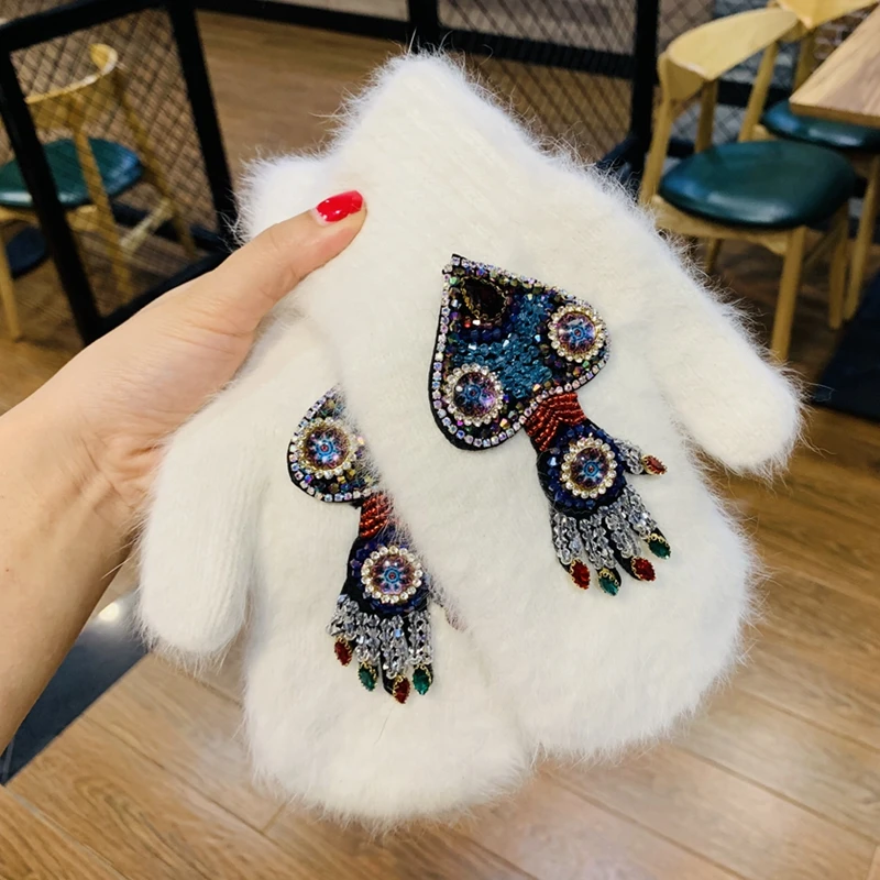 Women Gloves Winter Crystal Octopus Rabbit Fur female double Warm Full Finger Mittens Christmas Gifts