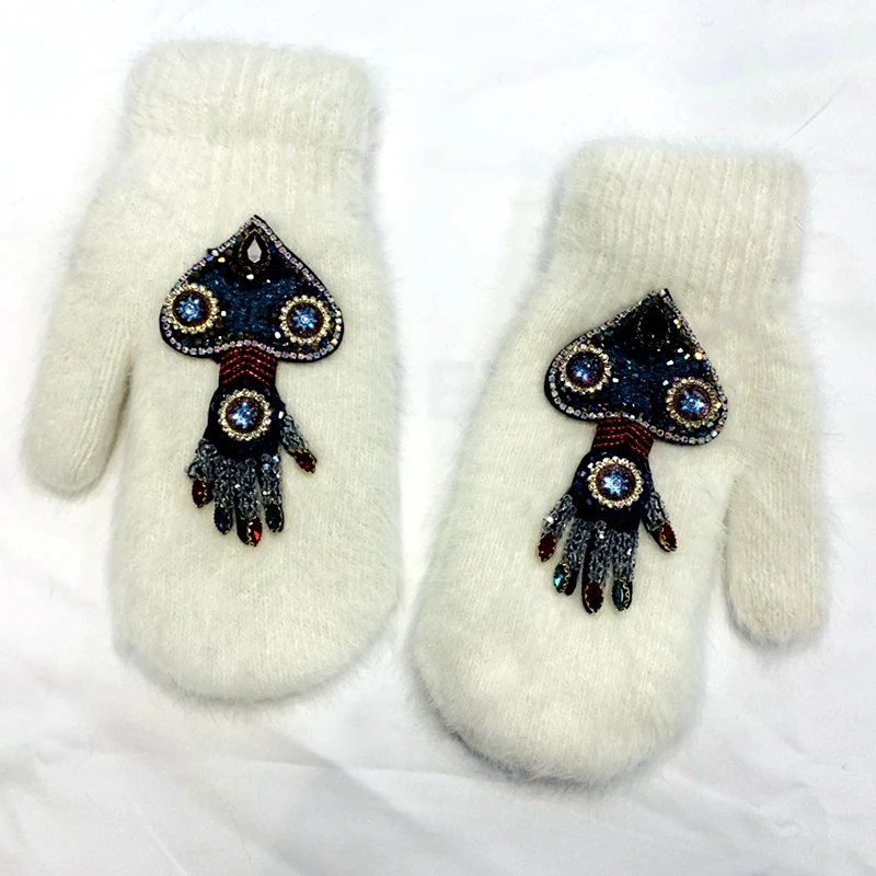 Women Gloves Winter Crystal Octopus Rabbit Fur female double Warm Full Finger Mittens Christmas Gifts