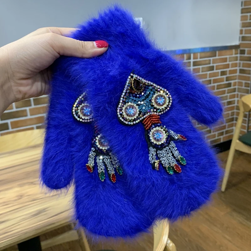 Women Gloves Winter Crystal Octopus Rabbit Fur female double Warm Full Finger Mittens Christmas Gifts