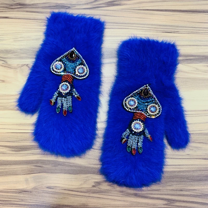 Women Gloves Winter Crystal Octopus Rabbit Fur female double Warm Full Finger Mittens Christmas Gifts