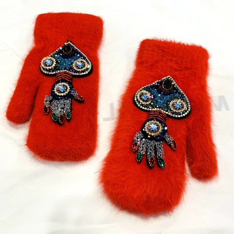 Women Gloves Winter Crystal Octopus Rabbit Fur female double Warm Full Finger Mittens Christmas Gifts
