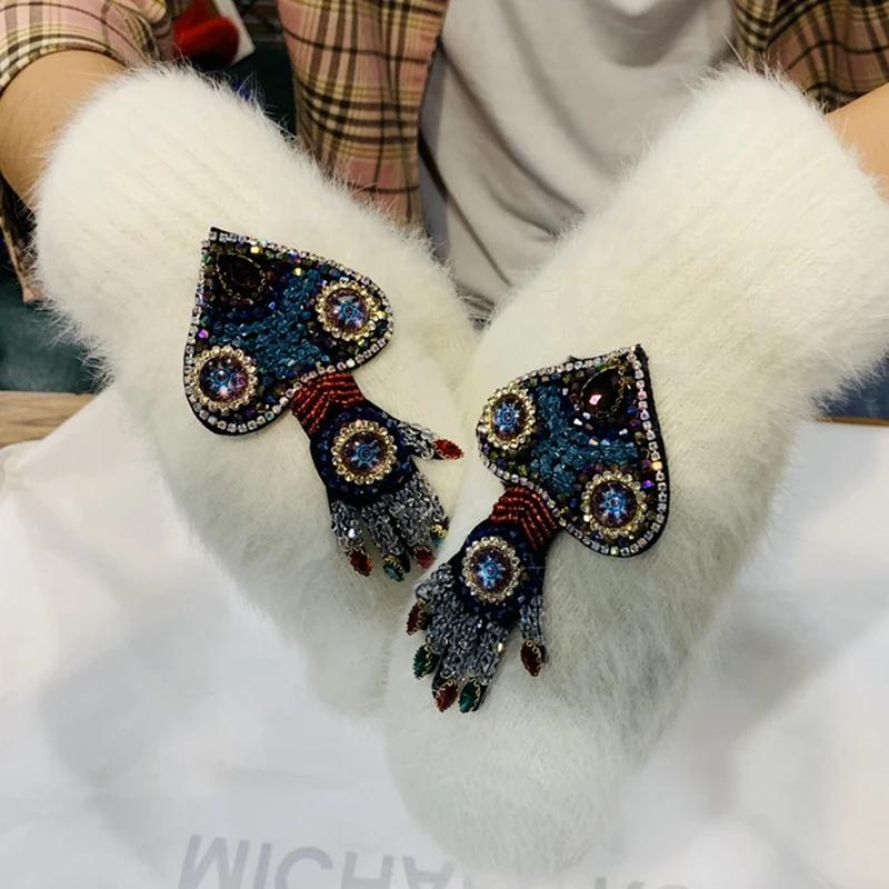 Women Gloves Winter Crystal Octopus Rabbit Fur female double Warm Full Finger Mittens Christmas Gifts