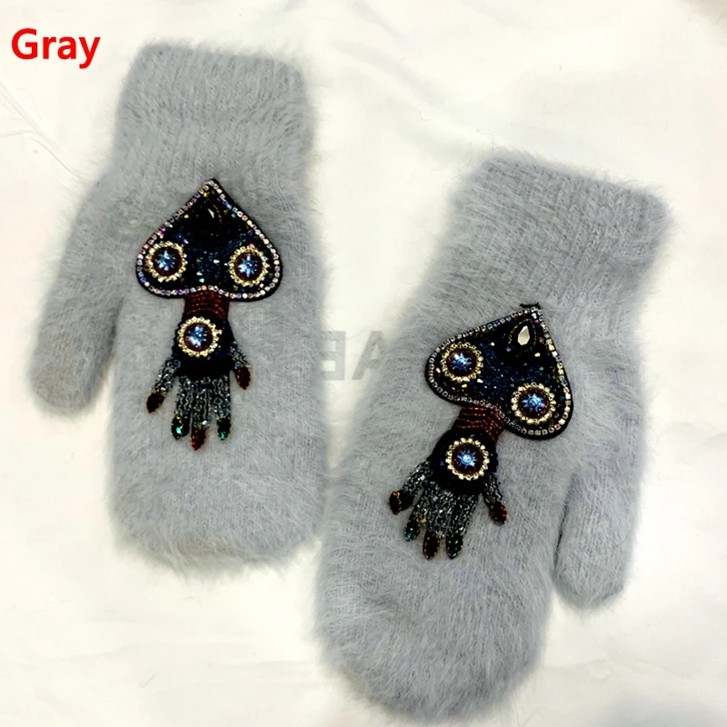 Women Gloves Winter Crystal Octopus Rabbit Fur female double Warm Full Finger Mittens Christmas Gifts
