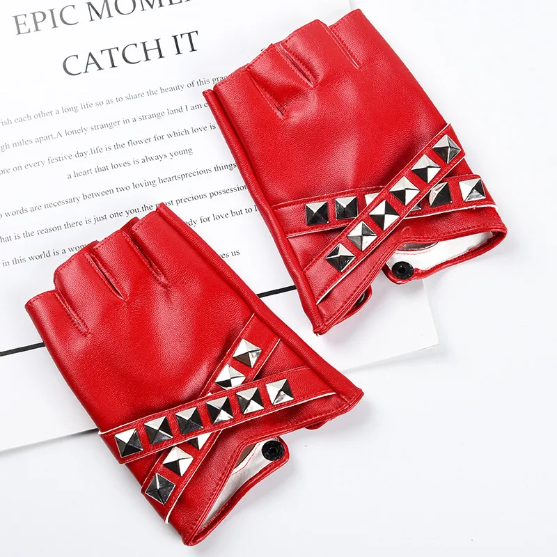 Women Stage Performance Nightclub Punk Leather Half Finger Rivets Gloves Pole Dance Personality Hip Hop Queen Cosplay