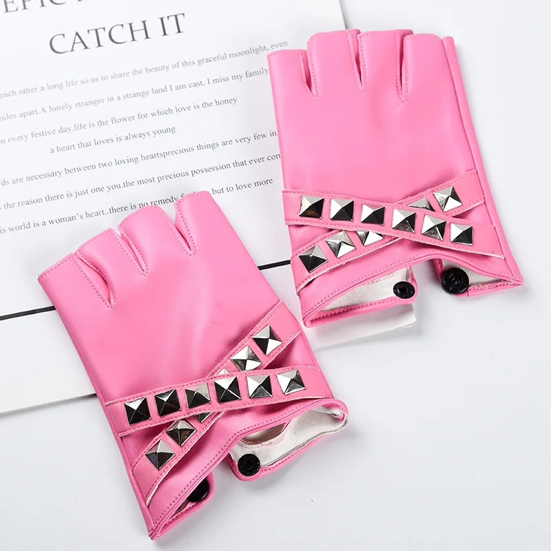 Women Stage Performance Nightclub Punk Leather Half Finger Rivets Gloves Pole Dance Personality Hip Hop Queen Cosplay