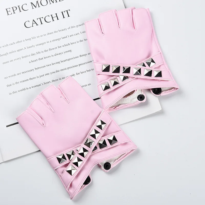 Women Stage Performance Nightclub Punk Leather Half Finger Rivets Gloves Pole Dance Personality Hip Hop Queen Cosplay