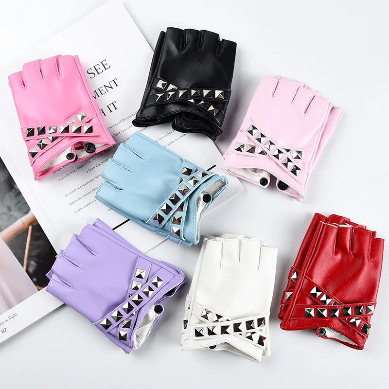 Women Stage Performance Nightclub Punk Leather Half Finger Rivets Gloves Pole Dance Personality Hip Hop Queen Cosplay