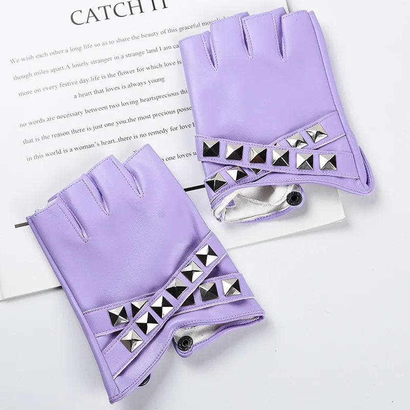 Women Stage Performance Nightclub Punk Leather Half Finger Rivets Gloves Pole Dance Personality Hip Hop Queen Cosplay