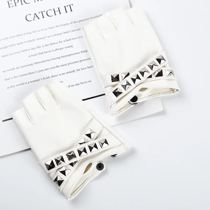 Women Stage Performance Nightclub Punk Leather Half Finger Rivets Gloves Pole Dance Personality Hip Hop Queen Cosplay