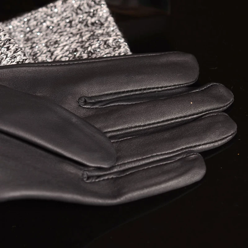 40 cm Long Gloves For Women Stylish ACC Genuine Leather Knitted Patchwork Luvas Mujer Winter Arm Warmers Sleeves Mitaine Gemme