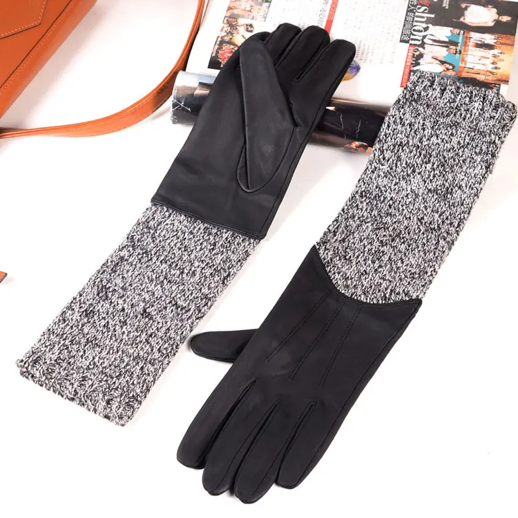 40 cm Long Gloves For Women Stylish ACC Genuine Leather Knitted Patchwork Luvas Mujer Winter Arm Warmers Sleeves Mitaine Gemme