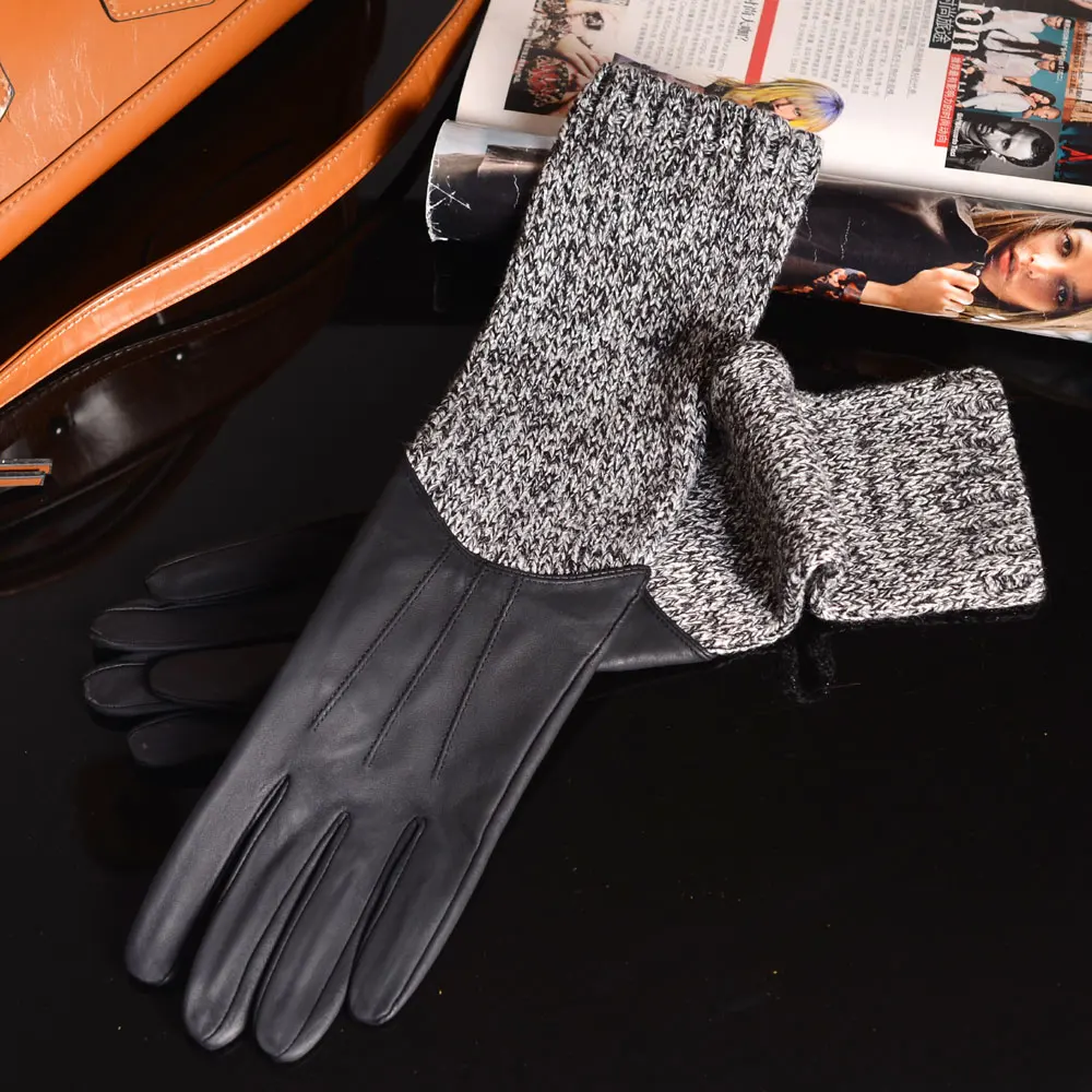 40 cm Long Gloves For Women Stylish ACC Genuine Leather Knitted Patchwork Luvas Mujer Winter Arm Warmers Sleeves Mitaine Gemme