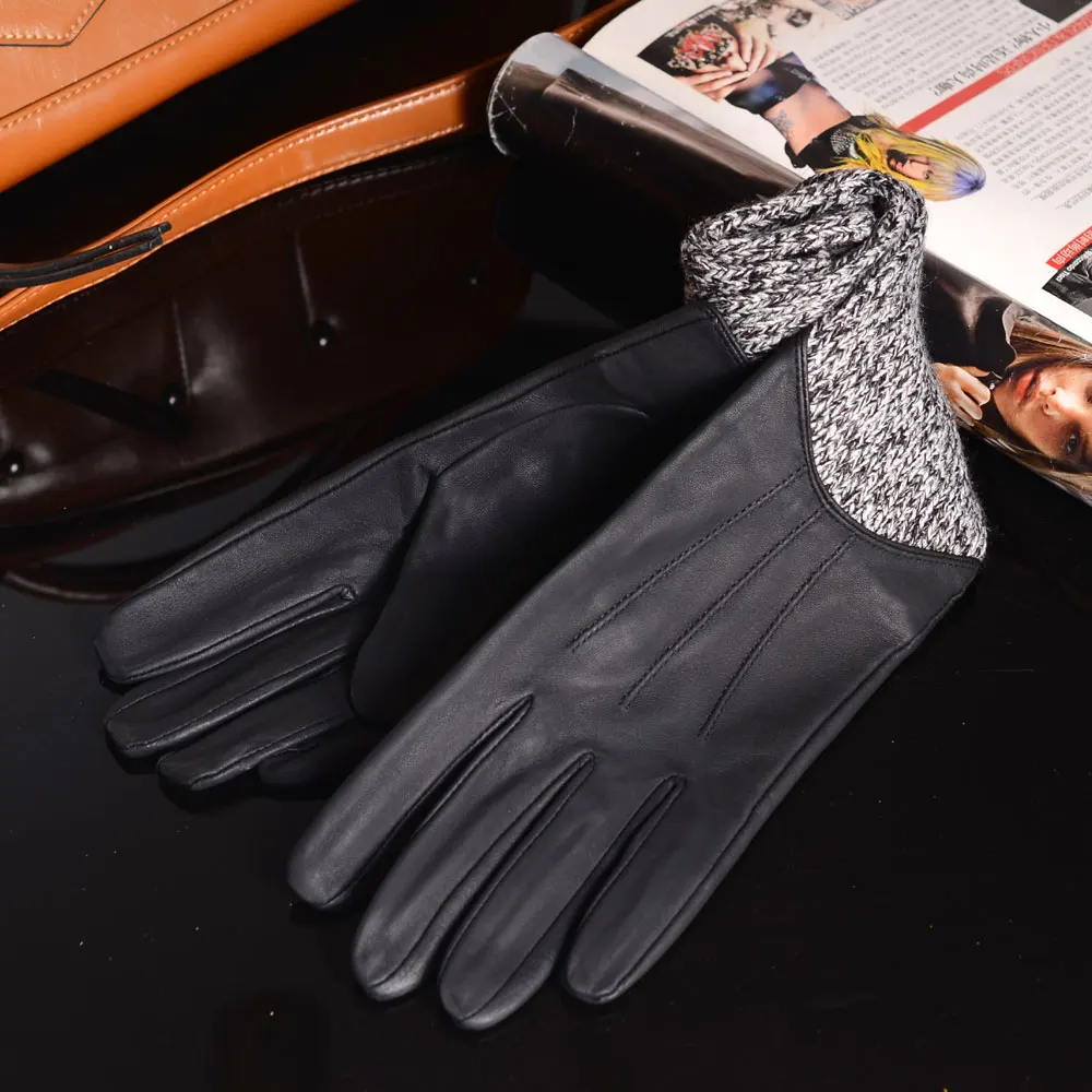 40 cm Long Gloves For Women Stylish ACC Genuine Leather Knitted Patchwork Luvas Mujer Winter Arm Warmers Sleeves Mitaine Gemme