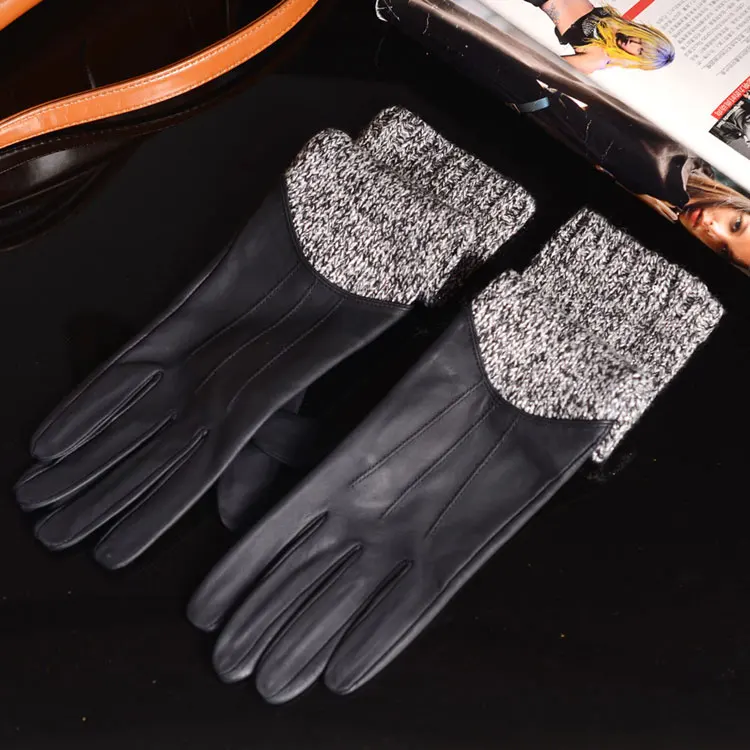 40 cm Long Gloves For Women Stylish ACC Genuine Leather Knitted Patchwork Luvas Mujer Winter Arm Warmers Sleeves Mitaine Gemme