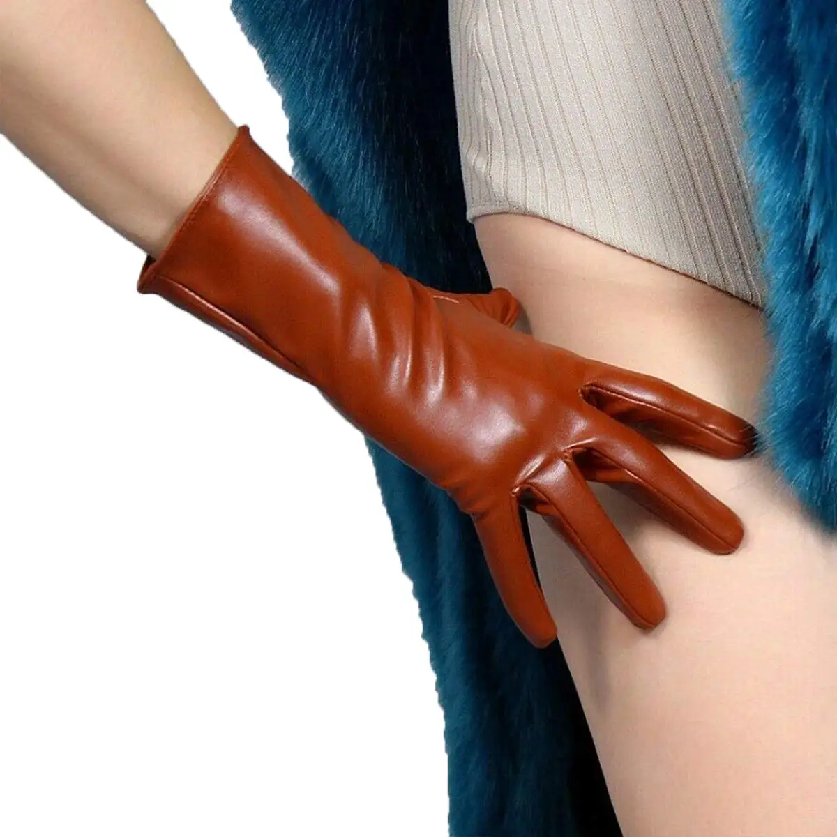 Faux Leather Orange GLOVES Short Wrist Women's Cosplay Halloween Glove For Ladies Costume Evening Party Winter Driving Glove