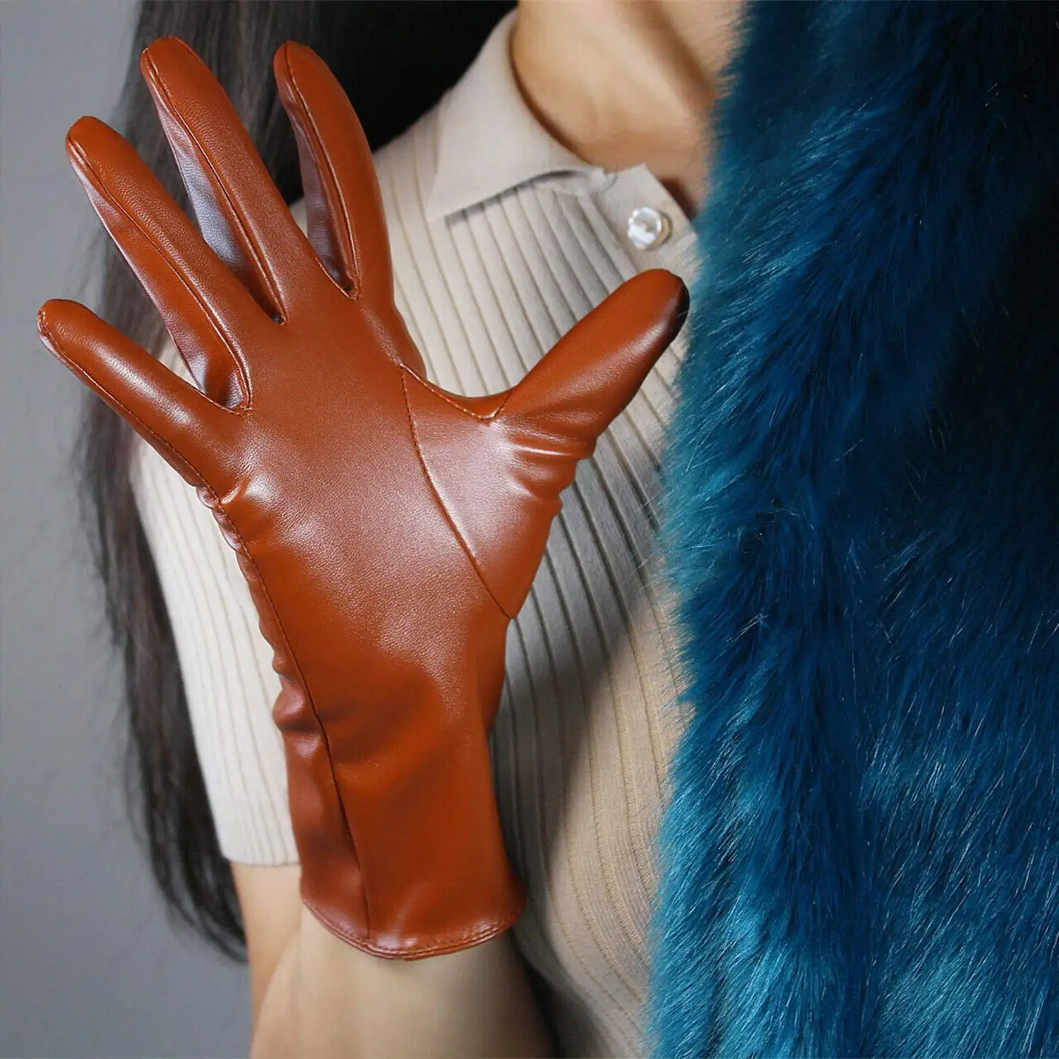 Faux Leather Orange GLOVES Short Wrist Women's Cosplay Halloween Glove For Ladies Costume Evening Party Winter Driving Glove