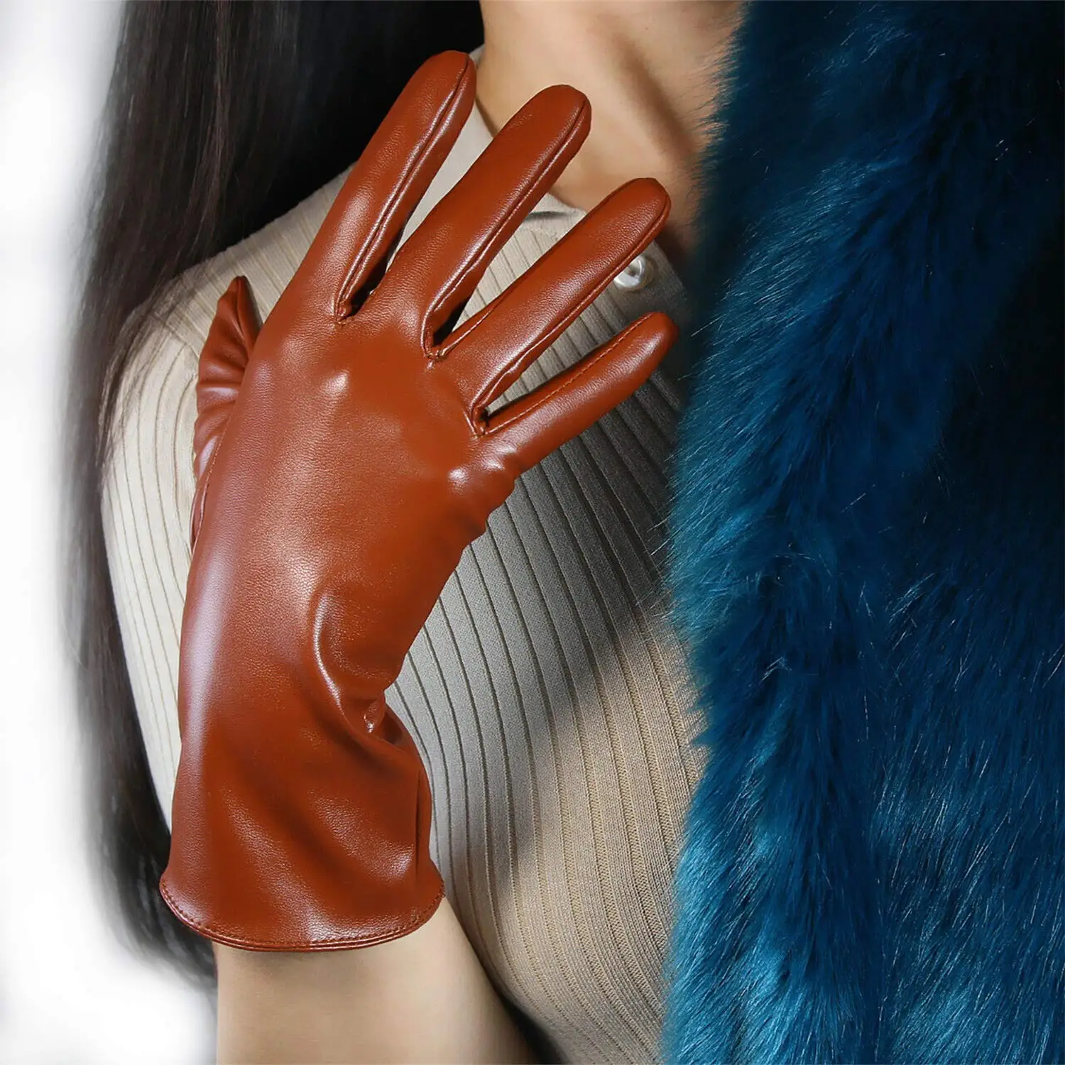 Faux Leather Orange GLOVES Short Wrist Women's Cosplay Halloween Glove For Ladies Costume Evening Party Winter Driving Glove