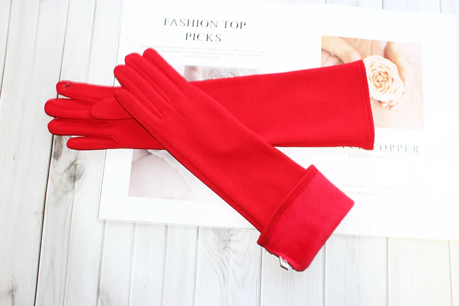 Long Gloves Women's Knitted Cotton Elastic Sun Protection Fashion Simple Brushed Lining Autumn and Winter Warm Sleeves