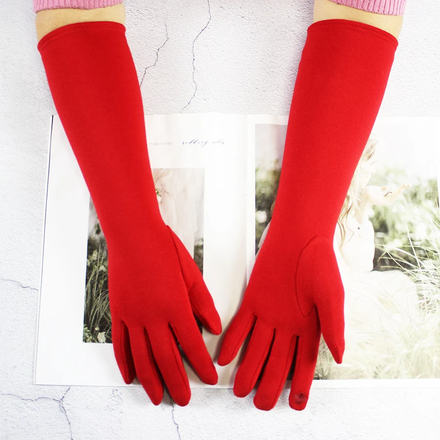 Long Gloves Women's Knitted Cotton Elastic Sun Protection Fashion Simple Brushed Lining Autumn and Winter Warm Sleeves