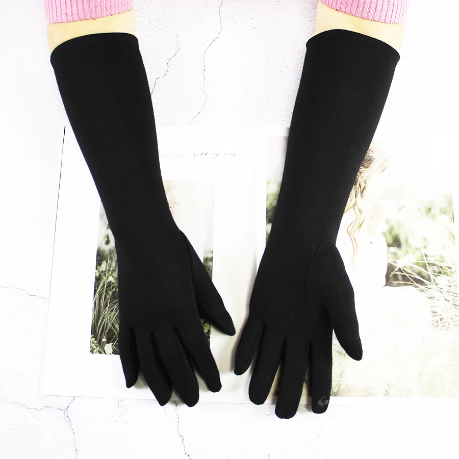 Long Gloves Women's Knitted Cotton Elastic Sun Protection Fashion Simple Brushed Lining Autumn and Winter Warm Sleeves
