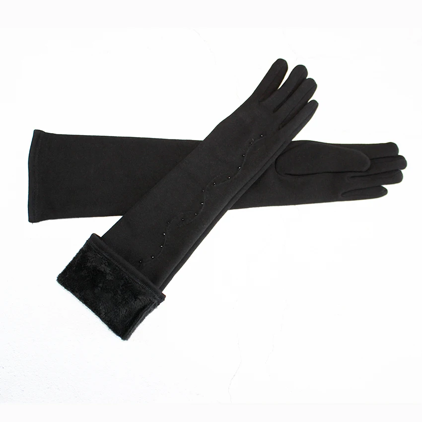 Long Gloves Women's Knitted Cotton Elastic Sun Protection Fashion Simple Brushed Lining Autumn and Winter Warm Sleeves
