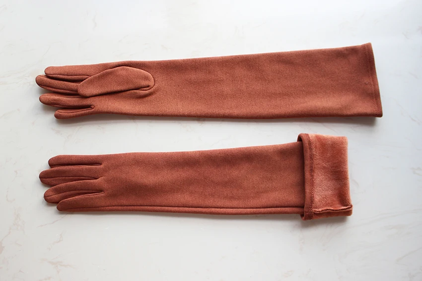 Long Gloves Women's Knitted Cotton Elastic Sun Protection Fashion Simple Brushed Lining Autumn and Winter Warm Sleeves