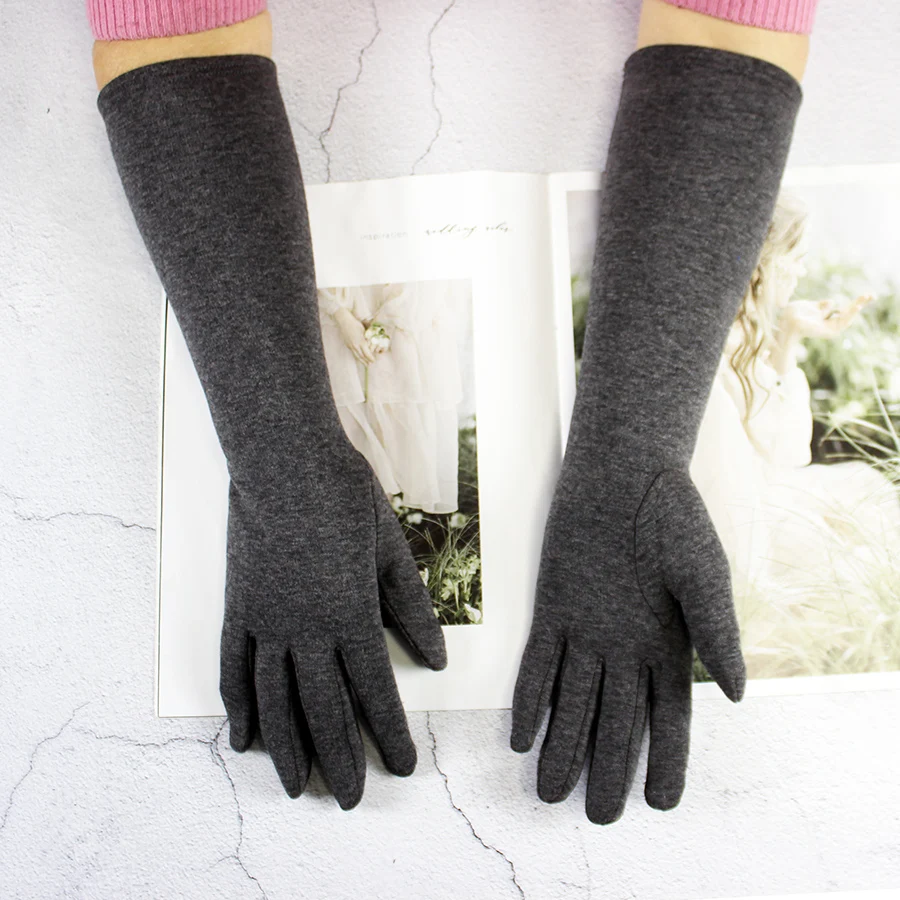 Long Gloves Women's Knitted Cotton Elastic Sun Protection Fashion Simple Brushed Lining Autumn and Winter Warm Sleeves