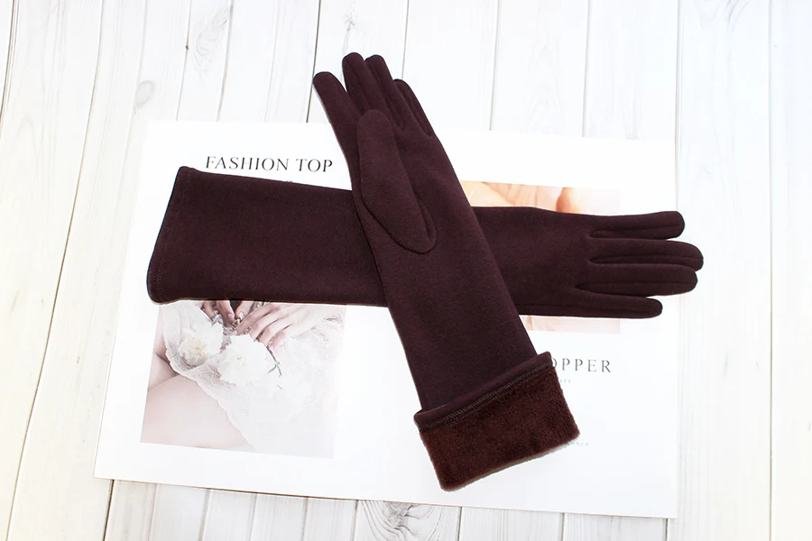 Long Gloves Women's Knitted Cotton Elastic Sun Protection Fashion Simple Brushed Lining Autumn and Winter Warm Sleeves