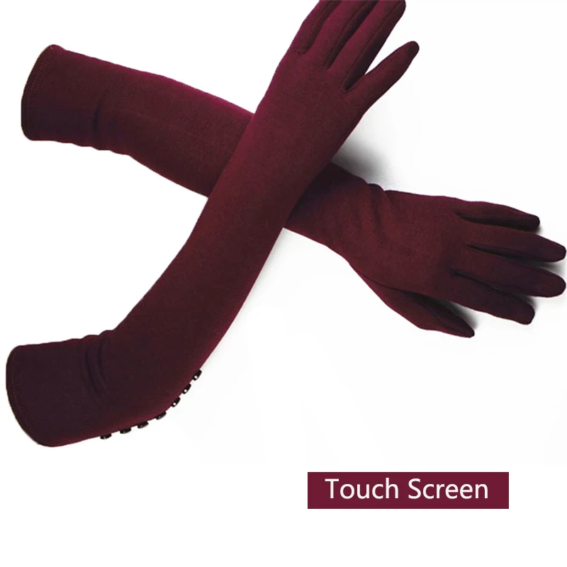 Long Gloves Women's Knitted Cotton Elastic Sun Protection Fashion Simple Brushed Lining Autumn and Winter Warm Sleeves
