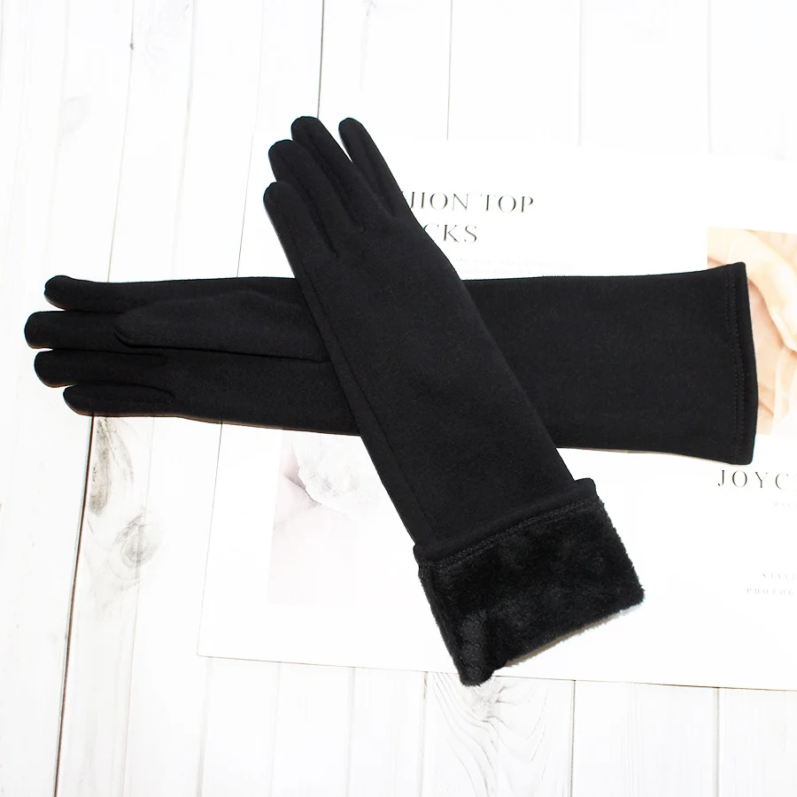 Long Gloves Women's Knitted Cotton Elastic Sun Protection Fashion Simple Brushed Lining Autumn and Winter Warm Sleeves