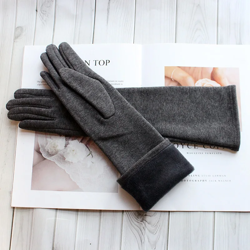Long Gloves Women's Knitted Cotton Elastic Sun Protection Fashion Simple Brushed Lining Autumn and Winter Warm Sleeves