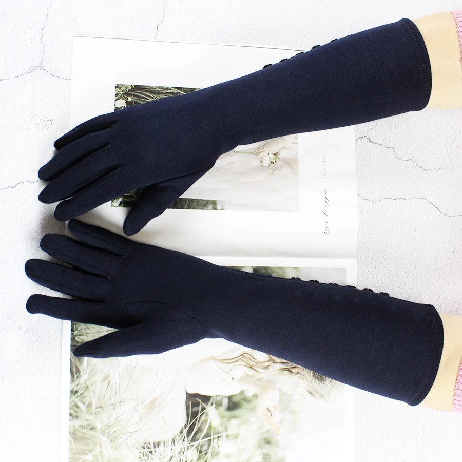 Long Gloves Women's Knitted Cotton Elastic Sun Protection Fashion Simple Brushed Lining Autumn and Winter Warm Sleeves