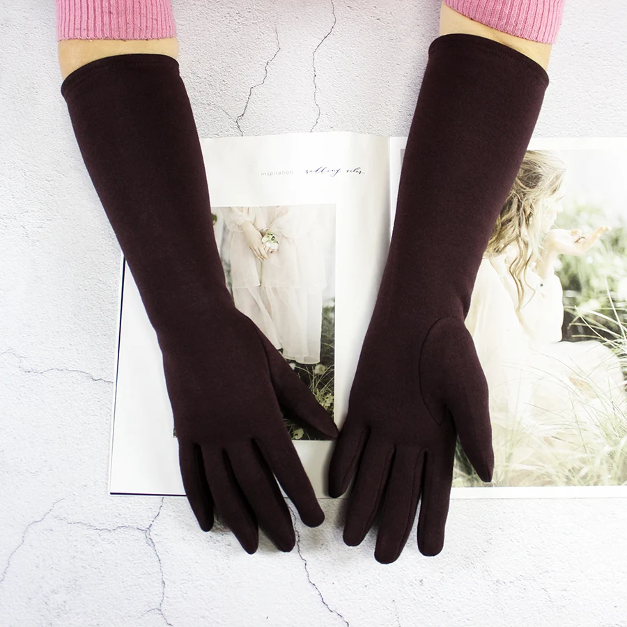 Long Gloves Women's Knitted Cotton Elastic Sun Protection Fashion Simple Brushed Lining Autumn and Winter Warm Sleeves